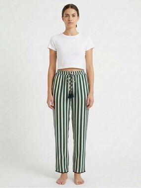 Natalie Martin Green & Cream Striped Tassel Lounge Pants XS